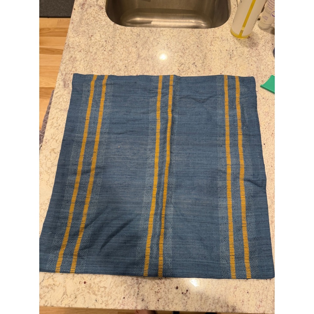 West Elm Handcrafted Pillow Cover Indigo Blue Ochre 20x20 SLKSTRPPC20X20SB